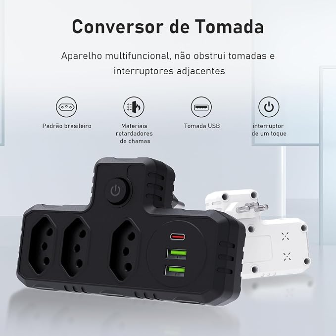 Extensão Elétrica Tomada, Régua Tomada, Régua de Energia, Adaptador Tomada, 3 Tomadas, 2 Interfaces USB, 1 Porta USB Tipo-C