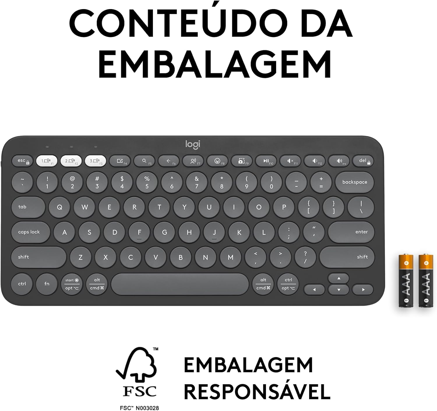 Teclado sem fio Logitech Pebble Keys 2 K380s com Conexão Bluetooth Easy-Switch e Pilha Inclusa - Compatível com PC, Mac, Chrome OS, Android, iOS e Apple TV, Layout US - Grafite