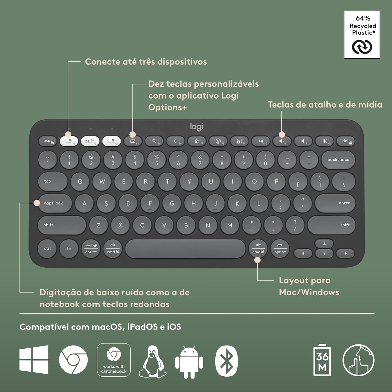 Teclado sem fio Logitech Pebble Keys 2 K380s com Conexão Bluetooth Easy-Switch e Pilha Inclusa - Compatível com PC, Mac, Chrome OS, Android, iOS e Apple TV, Layout US - Grafite