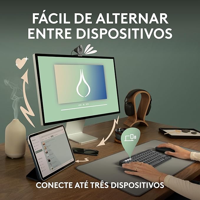 Teclado sem fio Logitech Pebble Keys 2 K380s com Conexão Bluetooth Easy-Switch e Pilha Inclusa - Compatível com PC, Mac, Chrome OS, Android, iOS e Apple TV, Layout US - Grafite