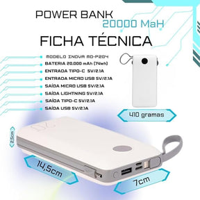 Carregador Portátil Power Bank 20000mAh, Turbo Universal, Display Digital, Rápido Potente Lightning e USB Tipo-C