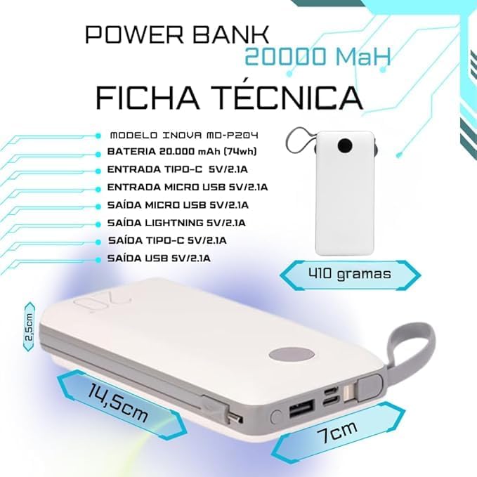 Carregador Portátil Power Bank 20000mAh, Turbo Universal, Display Digital, Rápido Potente Lightning e USB Tipo-C