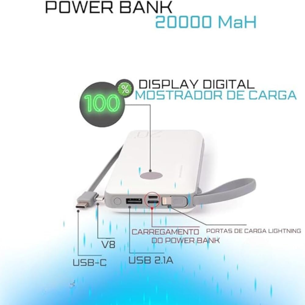 Carregador Portátil Power Bank 20000mAh, Turbo Universal, Display Digital, Rápido Potente Lightning e USB Tipo-C