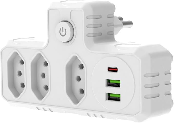 Extensão Tomada, Régua Tomada, Régua de Energia, Adaptador Tomada, 3 Tomadas, 2 Interfaces USB, 1 Porta USB Tipo-C (Branco)