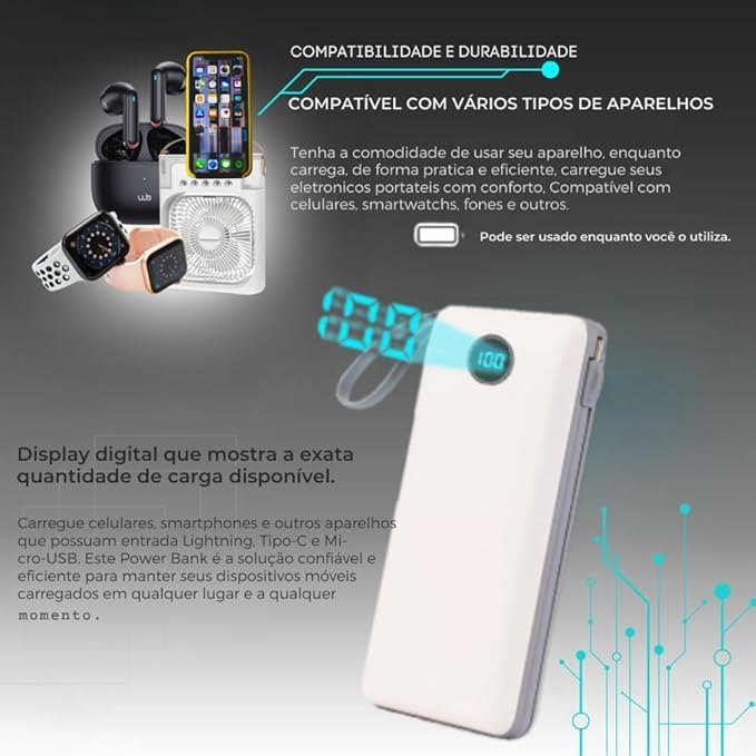 Carregador Portátil Power Bank 20000mAh, Turbo Universal, Display Digital, Rápido Potente Lightning e USB Tipo-C
