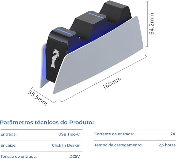 Carregador controlador PS5, Estação de Carregamento com Controle PS5, Base de Carregamento rápido Duplo, luz LED
