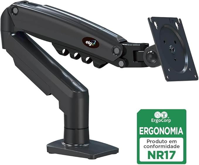 ELG, F80N, Suporte Ergonômico Articulado de Mesa com Pistão a Gás, Design Compacto e Retrátil para Monitores de 17'' a 35'', Suporta de 2kg a 9kg, Preto