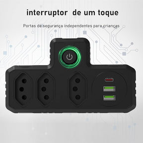 Extensão Tomada, Régua Tomada, Régua de Energia, Adaptador Tomada, 3 Tomadas, 2 Interfaces USB, 1 Porta USB Tipo-C (Branco)