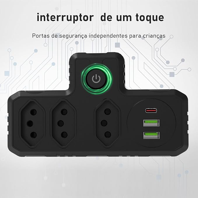 Extensão Tomada, Régua Tomada, Régua de Energia, Adaptador Tomada, 3 Tomadas, 2 Interfaces USB, 1 Porta USB Tipo-C (Branco)