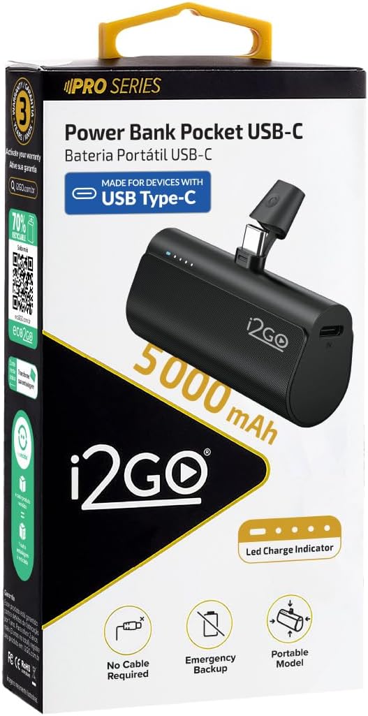 Carregador Portátil (Power Bank) i2GO Pocket 5000mAh - Modelo USB-C- Bivolt