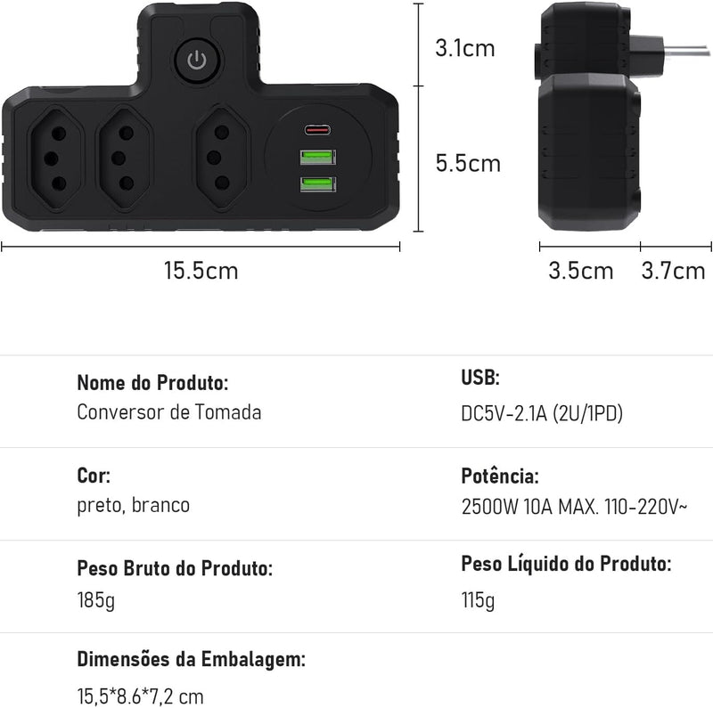 Extensão Tomada, Régua Tomada, Régua de Energia, Adaptador Tomada, 3 Tomadas, 2 Interfaces USB, 1 Porta USB Tipo-C (Branco)