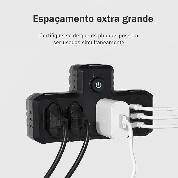 Extensão Tomada, Régua Tomada, Régua de Energia, Adaptador Tomada, 3 Tomadas, 2 Interfaces USB, 1 Porta USB Tipo-C (Branco)