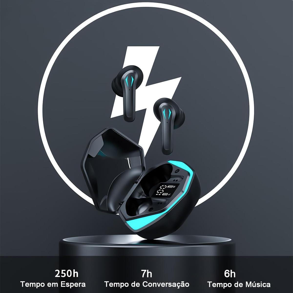 Fone de Ouvido Bluetooth Fone Sem Fio Gamer Fone Esportivo com Microfone Cancelamento de Ruido Ativo Tela LED RS-29