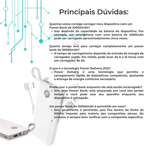 Carregador Portátil Power Bank 20000mAh, Turbo Universal, Display Digital, Rápido Potente Lightning e USB Tipo-C