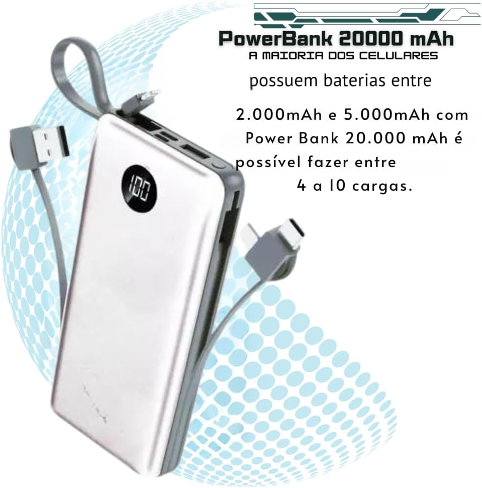 Carregador Portátil Power Bank 20000mAh, Turbo Universal, Display Digital, Rápido Potente Lightning e USB Tipo-C