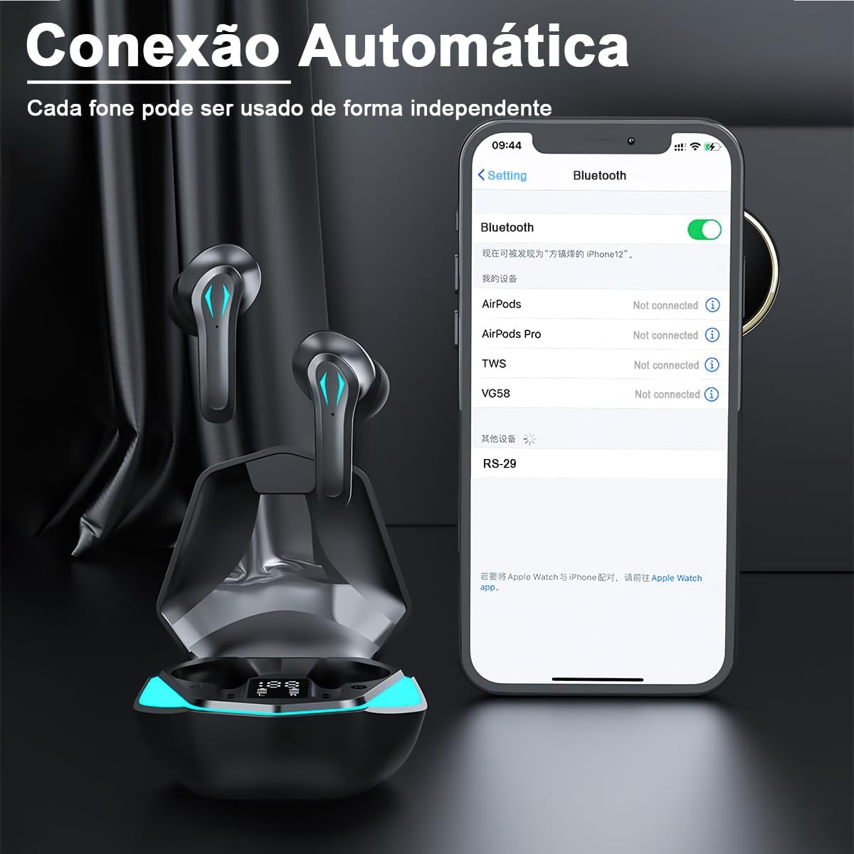 Fone de Ouvido Bluetooth Fone Sem Fio Gamer Fone Esportivo com Microfone Cancelamento de Ruido Ativo Tela LED RS-29