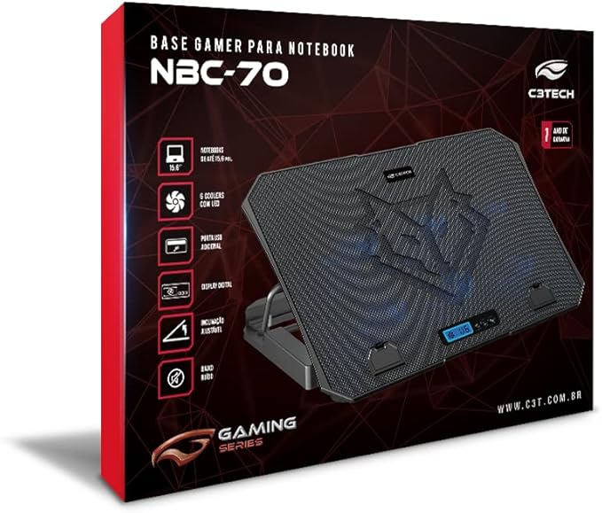 Base para Notebook Gamer NBC-70BK ate 15,6" Preto Com 5 opções de inclinação 6 ventiladores Painel digital para controle iluminação em LED