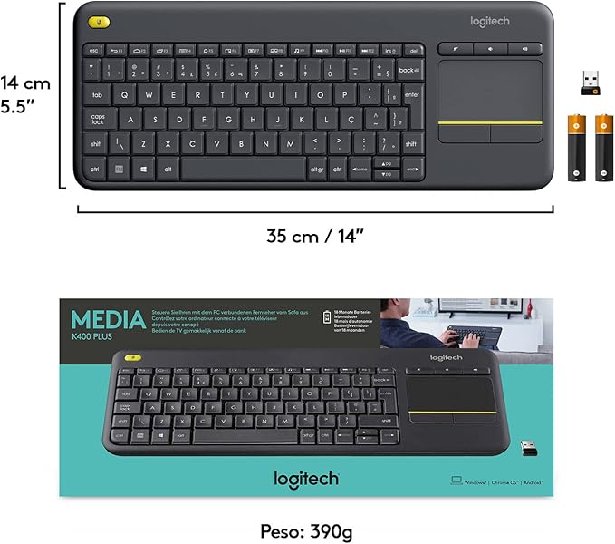 Teclado sem fio Logitech K400 Plus TV com Controle Easy Media e Touchpad Integrado, Conexão USB Unifying e Layout ABNT2