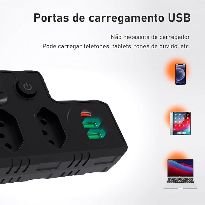 Extensão Tomada, Régua Tomada, Régua de Energia, Adaptador Tomada, 3 Tomadas, 2 Interfaces USB, 1 Porta USB Tipo-C (Branco)
