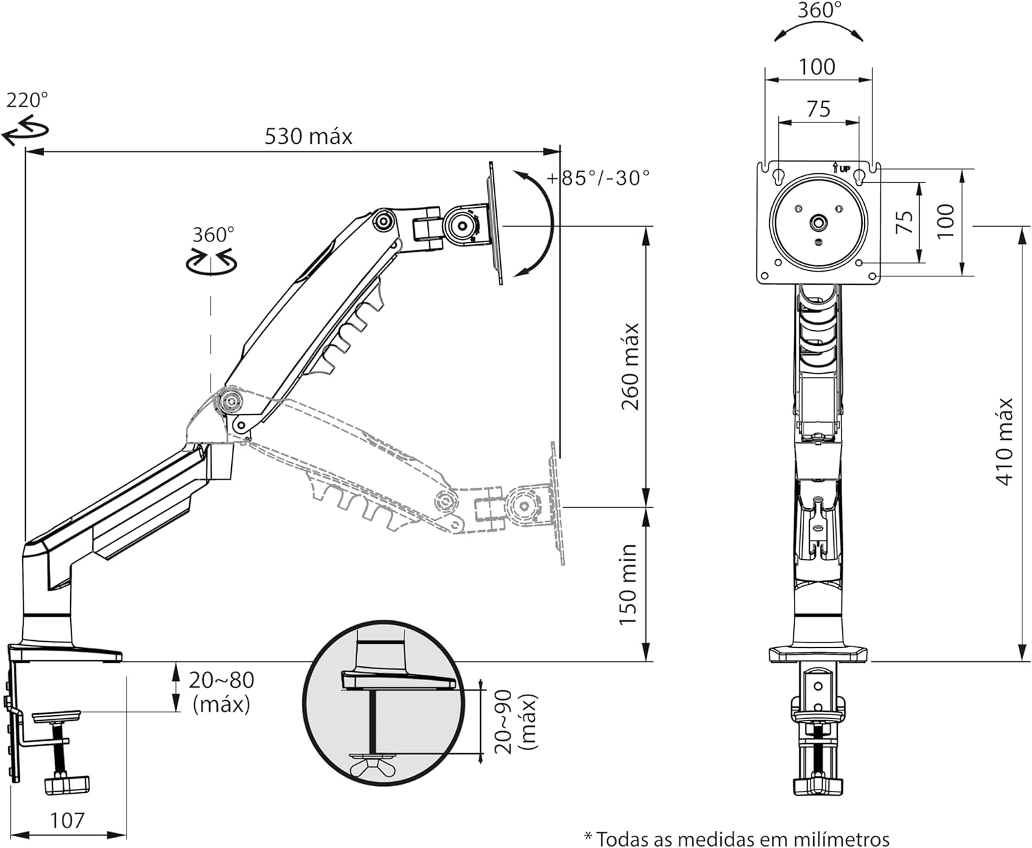 ELG, F80N, Suporte Ergonômico Articulado de Mesa com Pistão a Gás, Design Compacto e Retrátil para Monitores de 17'' a 35'', Suporta de 2kg a 9kg, Preto