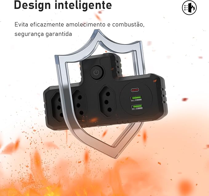Extensão Tomada, Régua Tomada, Régua de Energia, Adaptador Tomada, 3 Tomadas, 2 Interfaces USB, 1 Porta USB Tipo-C (Branco)