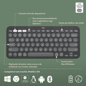 Teclado sem fio Logitech Pebble Keys 2 K380s com Conexão Bluetooth Easy-Switch e Pilha Inclusa - Compatível com PC, Mac, Chrome OS, Android, iOS e Apple TV, Layout US - Grafite