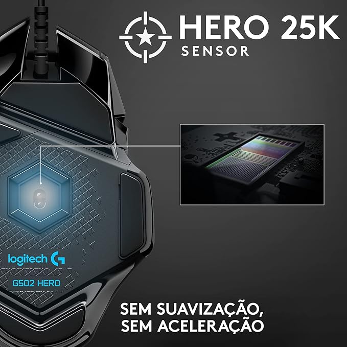 Mouse Gamer Logitech G502 HERO com RGB LIGHTSYNC, Ajustes de Peso, 11 Botões Programáveis e Sensor HERO 25K