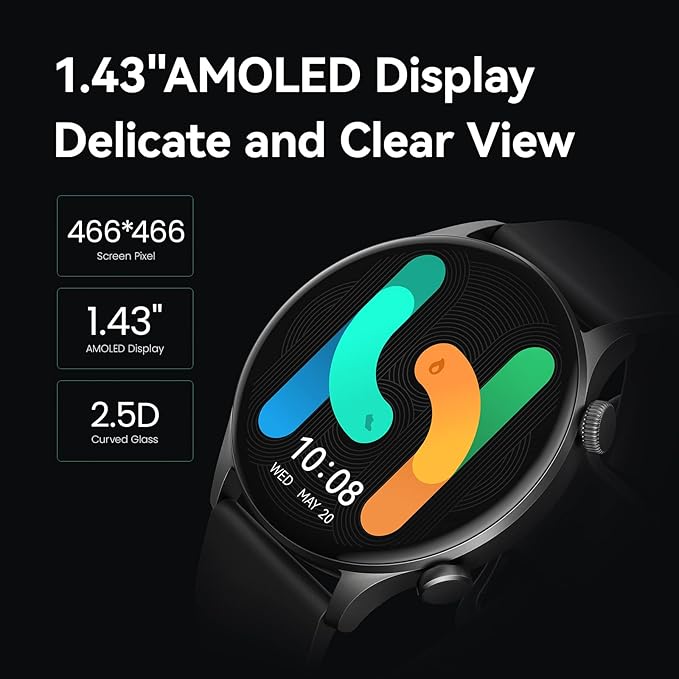 HAYLOU Solar Plus RT3 Smartwatch, 1.43 "AMOLED Display Bluetooth Telefone Chamada Relógio Inteligente para Homens e Mulheres, Exibição Sempre Ativa, Bluetooth 5.3