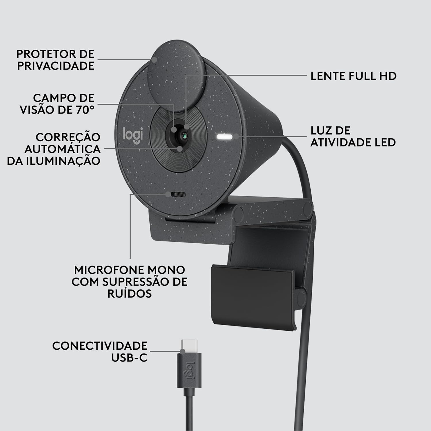 Webcam Full HD Logitech Brio 300 com Microfone com Redução de Ruído, Proteção de Privacidade, Correção Automática de Luz e Conexão USB-C- Grafite